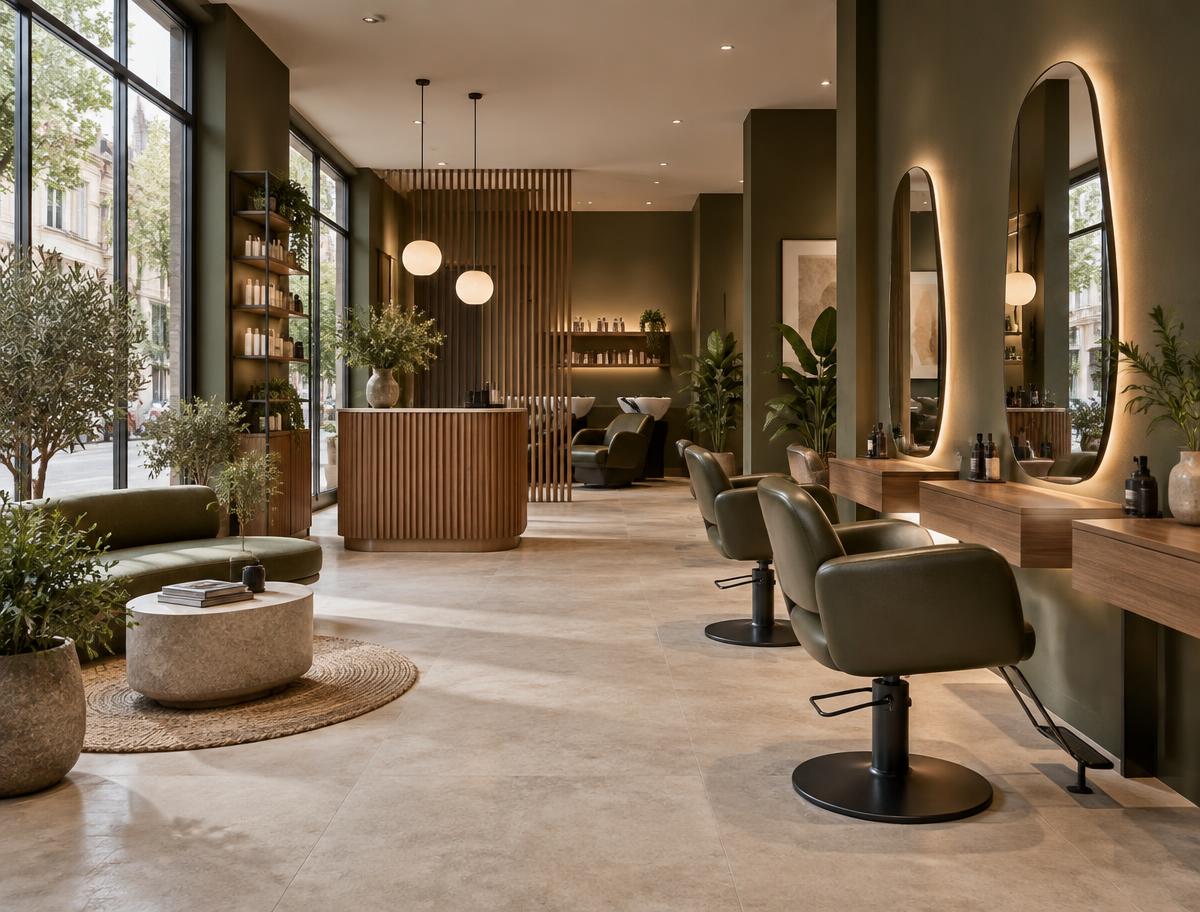 Generierte Demoaufnahme eines modernen, einladenden Friseursalons – nicht der echte DIMASHQ Salon